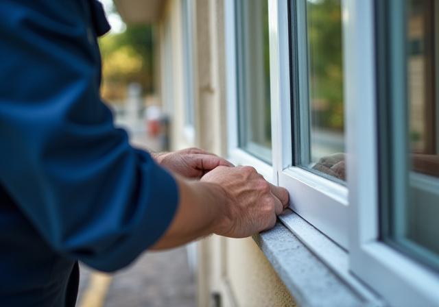 Technician sealing a window frame to prevent pest entry.